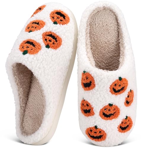 Halloween Slippers for Women Men Spooky Pumpkin Ghost Fuzzy Plush Warm Cozy Slippers Indoor Outdoor House Shoes