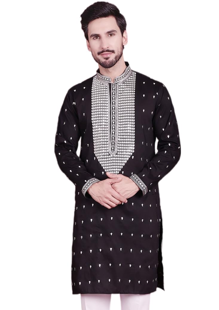 Jompers Mens Sequins Embroidered Kurtas (Black, S)