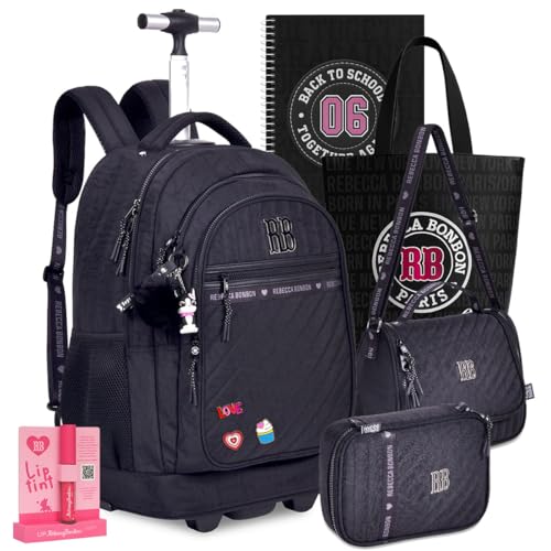 Kit Mochila RB Rebecca Bonbon Carrinho Escolar Lancheira Estojo Meninas Resistente Infantil Juvenil (Preto)