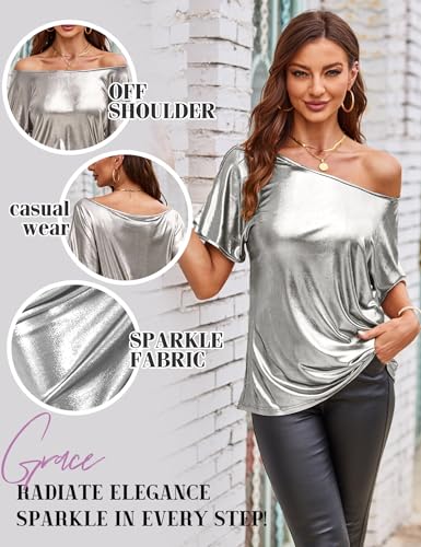 VIDUSSA Women's Off Shoulder Tops Sequin Sparkly Glitter Casual Loose Shirts Short Sleeve Tunic Blouses3