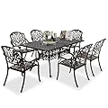 VINGLI 7-Piece Outdoor Dining Set, Cast Aluminum Patio Furniture Set for 6 with Umbrella Hole, Rectangular Outdoor Dining Table & 6 Stackable Chairs, All-Weather Garden/Poolside Dining Set Bronze