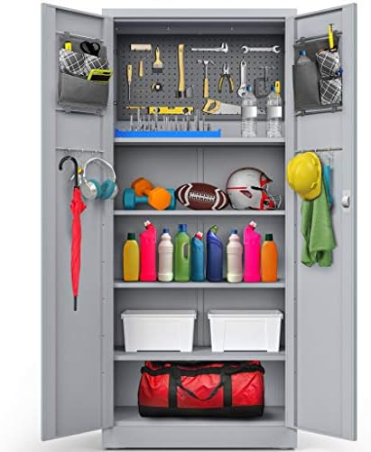 METALTIGER Metal Storage Cabinet - Multifunctional Garage Storage Cabinet with Doors, Adjustable Shelf Height and Leg Levelers, Includes Pegboard and Accessories, 900 lbs Full Capacity (Light Gray)