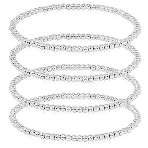 by You Stainless Steel Gold Silver Beaded Ball Bracelets for Women Stretchable Elastic Bracelet Set (3mm / 4pcs - Silver)