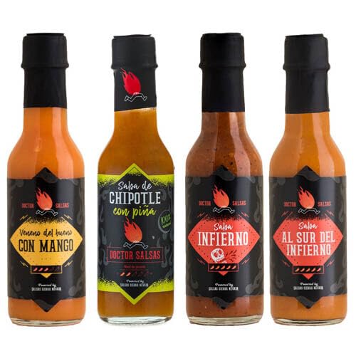 Pack Infierno Total de 4 salsas picantes gourmet 100% naturales, veganas y sin gluten, con Carolina Reaper, habanero, chipotle, piña y mango para amantes del picante extremo