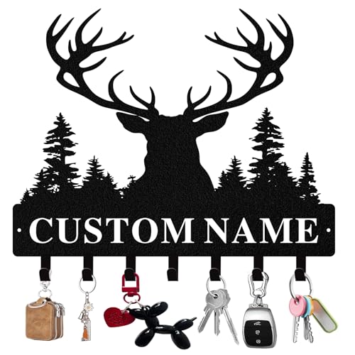 Quanqiuyi Custom Forest Deer Coat Rack Wall Hanging with Name, Personalized Key Holder for Wall,Metal Key Holder Wall Mount for Kitchen Hallway Doorway Home Decor Gift (Style 14)