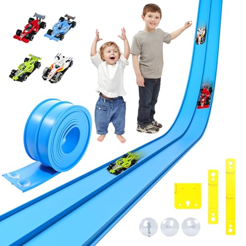 Doloowee 3.9M Geschwindigkeitsstrecke Rennstrecke, Flexible Rennbahn mit Saugnäpfen, DIY-Autobahn mit 4 Autos, Spielzeug für Kinder ab 3 Jahren