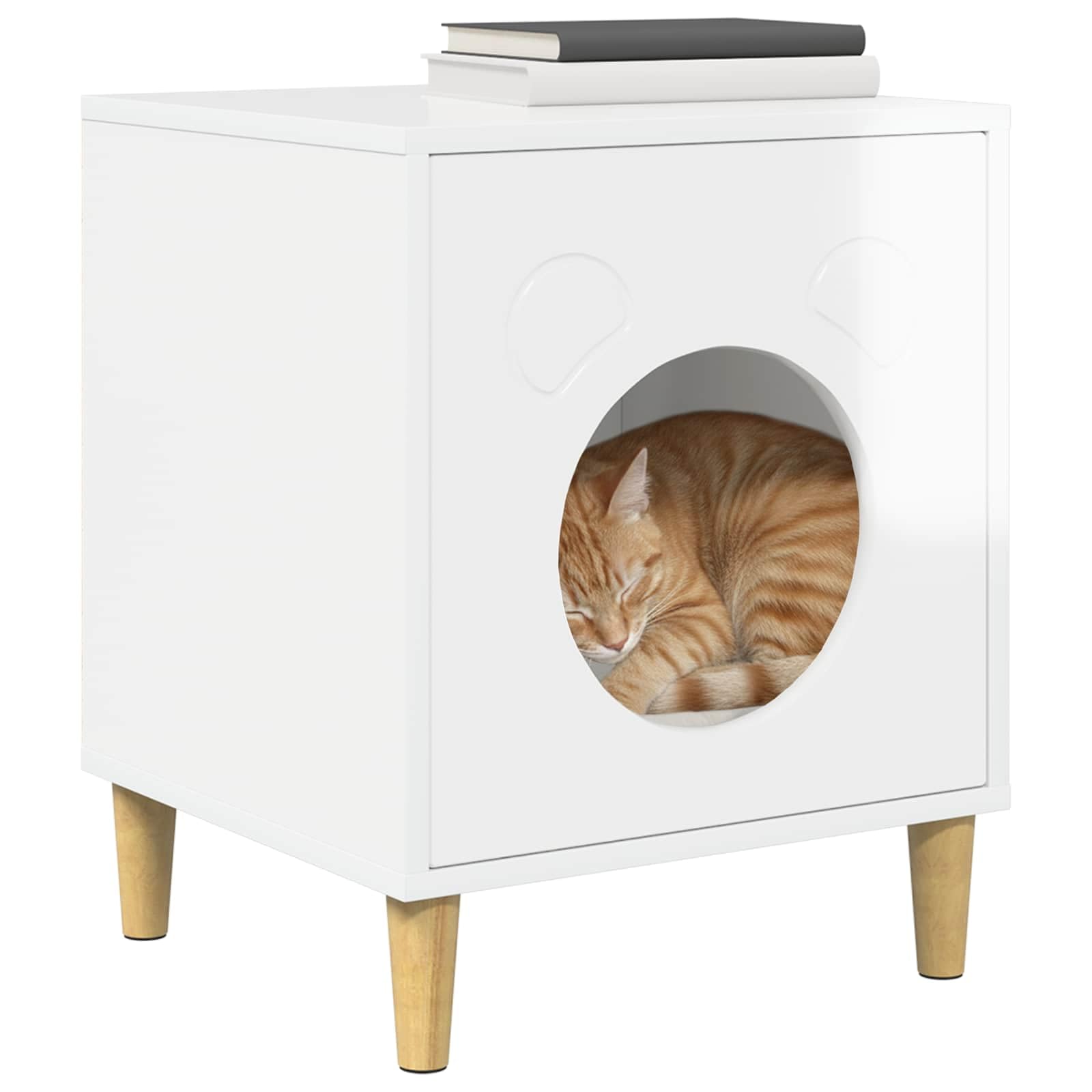 Katzenhaus Holz glänzend Weiß 42,5x40x53 cm - Moderne Katzenhöhle und Katzenmöbel für drinnen - Stabile Haustierhöhle für Katzen & kleine Hunde bis 60 kg
