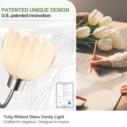 Image of Bathroom Light Fixtures, 3-Light Brushed Nickel Bathroom Vanity Light Over Mirror with White Tulip Glass Shades, Vanity Light Fixture for Bedroom, Living Room & Hallway (Bulbs Not Included)