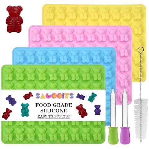 SAGOOITS Large Gummy Bear Molds Candy Molds, No Stick Chocolate Candy Gummy Molds,Gummie Molds Premium Silicone,Pack of 4 with 2 Droppers Cover