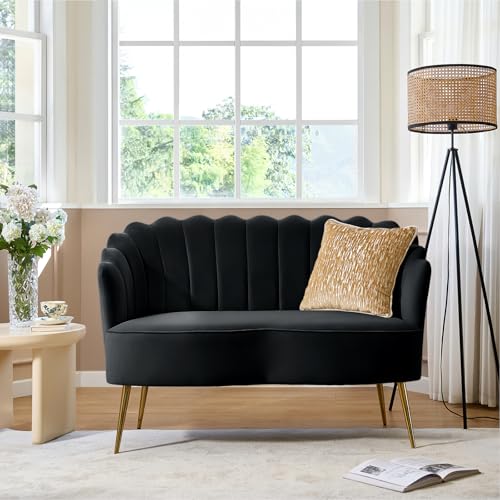 Image of HULALA HOME Modern Velvet Loveseat Sofa with Flower Shaped Back, Comfy Upholstered 2-Seater Sofa with Gold Metal Legs, Small Love Seat Accent Couch for Living Bedroom Leisure Areas, Black