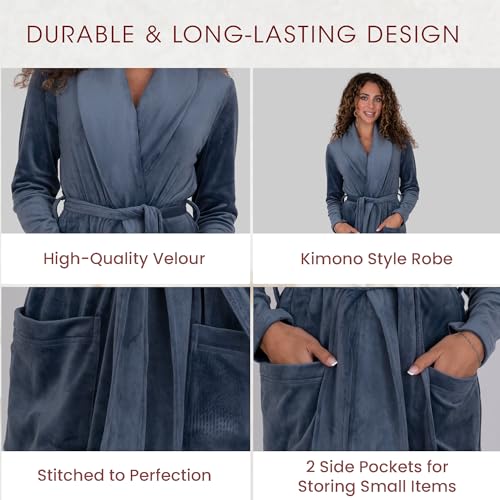 Be Relax Terry Velour Robe - Made of Polyester, Shawl Collar Robe with Belt & Side Pockets, Soft & Warm Bathrobe for Women3