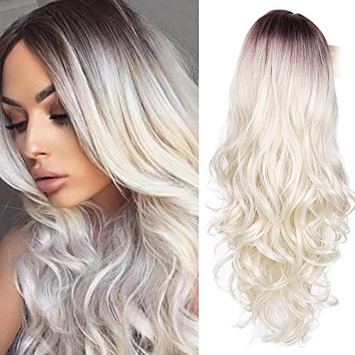 GuangAo Ombre Long Curly Wig Platinum Blonde Wigs for Women Natural Dark Brown Roots with Synthetic Heat Resistant Side Part Wigs for Cosplay Party Daily Wear (24 Inches)