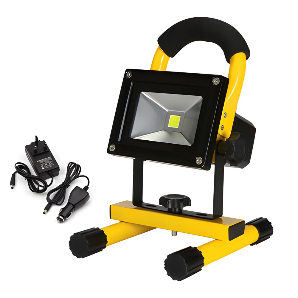 10W Rechargeable LED Work Light with Stand, Portable Site Light 6500K Cool White, 650 Lumens, IP44 Waterproof, COB LED Floodlight, Car Charger Included, Heavy Duty Aluminium