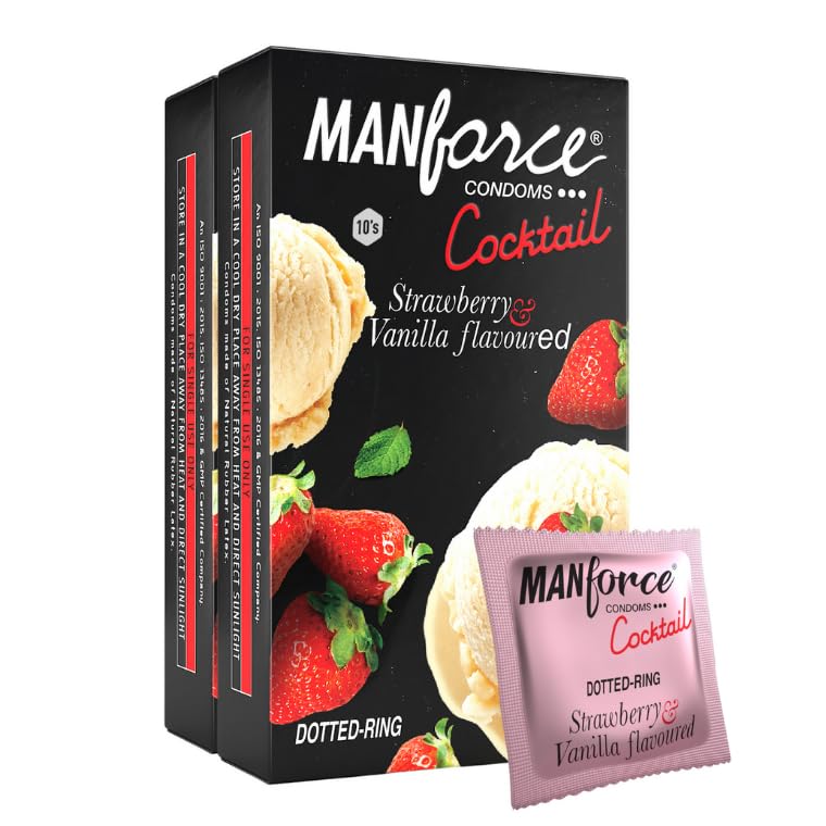 Manforce Cocktail Strawberry & Vanilla Flavoured Condoms for Men| 20 Count (Pack of 2)| Double the Fun with Double Flavour| Extra Dotted for Her Extra Stimulation