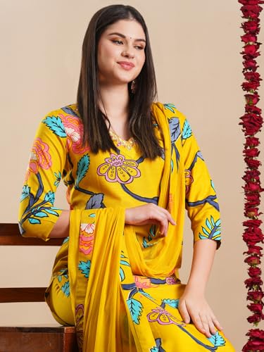 Image of GoSriKi Women's Rayon Blend Straight Printed Kurta with Pant & Dupatta