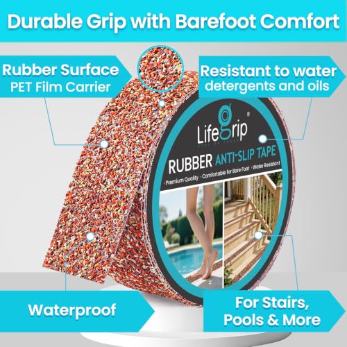 Image of LifeGrip Rubber Anti Slip Tape 2 inchx38' Waterproof Grip Tape for Pool, Orange | Non Slip Safety Tape for Stairs, Outdoor, Showers, Swimming Pools, Wooden Stairs, Textured Comfortable for Bare Foot