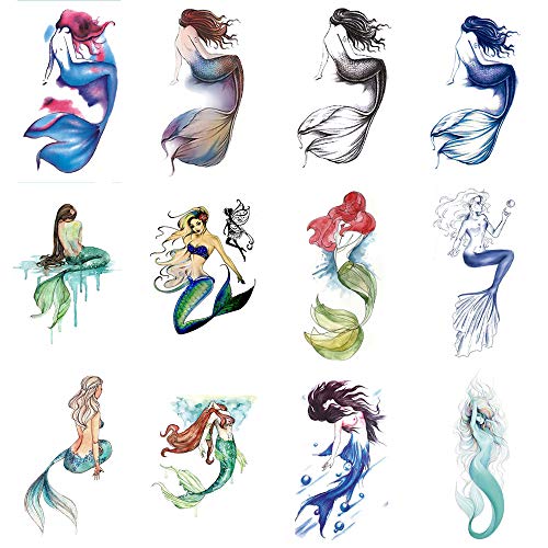 WYUEN 12 PCS Octopus Mermaid Temporary Tattoo Sticker for Women Men Fashion Body Art Adults Waterproof Hand Fake Tatoo 9.8X6cm W12-09