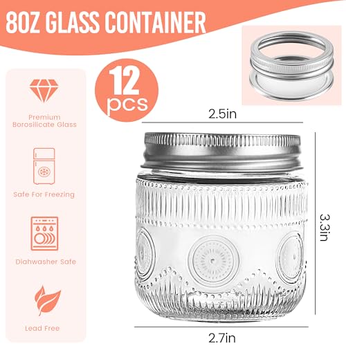 Amzcku 8 oz Vintage Mason Jars with Lids, Regular Mouth Canning Jar, Safe For Storage, Canning, Pickling, Preserving, Fermenting, DIY Crafts & Decor 12 Pack