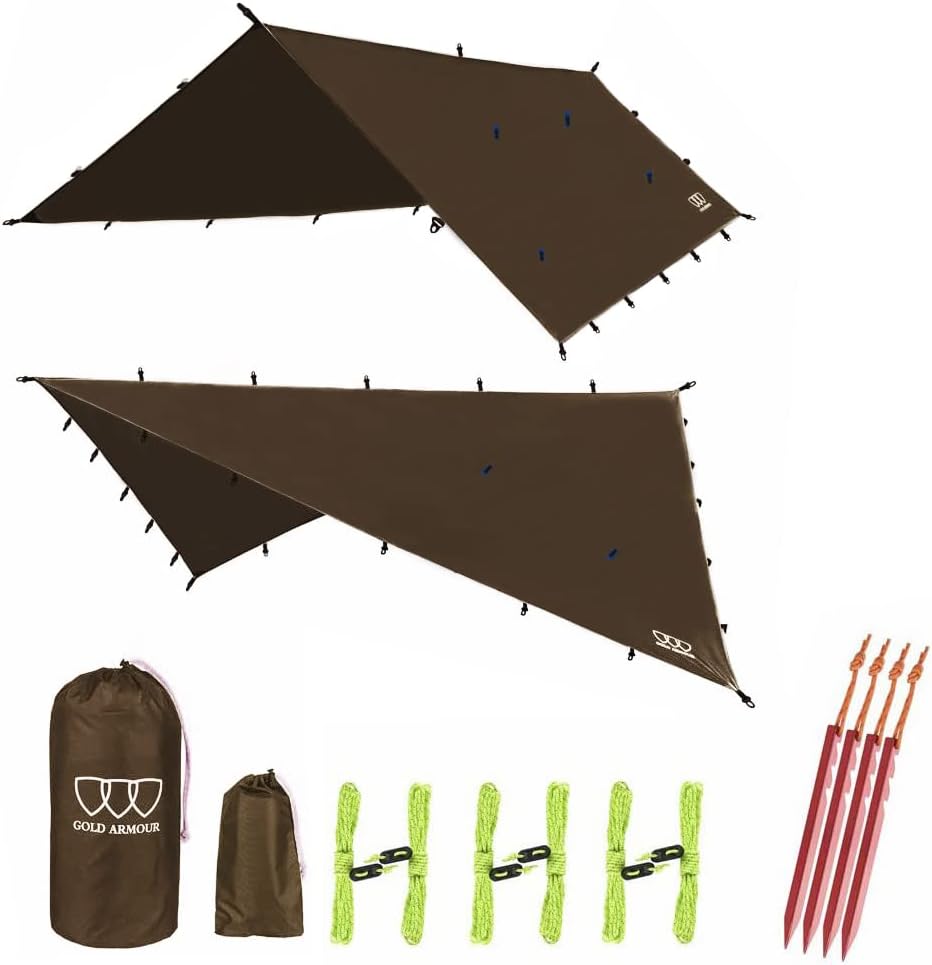 Gold Armour Rainfly Tarp Hammock, Premium 14.7ft/12ft/10ft/8ft Rain Fly Cover, Waterproof Ultralight Camping Shelter Canopy, Survival Equipment Gear Camping Tent Accessories (Brown 14.7ft x 12ft) Gold Armour Rainfly Tarp Hammock, Premium 14.7ft/12ft/10ft/8ft Rain Fly Cover, Waterproof Ultralight Camping Shelter Canopy, Survival Equipment Gear Camping Tent Accessories (Brown 14.7ft x 12ft)