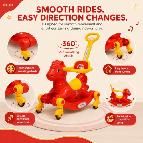 Image of 3 in 1 Baby Horse Rider for Kids 1-5 Years with Parent Handle, Rocking Horse, Ride On Toy, 360 Safety Guard, Music, Swivel Wheels, Backrest, Baby Ride On for Boys & Girls (Red)
