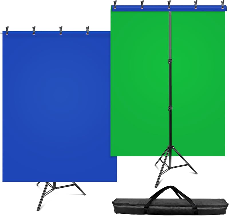 Kit de soporte de fondo para pantalla azul y verde de 7x5 pies con fondo de 6,5x5 pies | Chromakey Fondo Reversible de Dos Colores, para Streaming, Juegos, Zoom, VR, grabación de Video, con 5 Clips y Estuche de Transporte