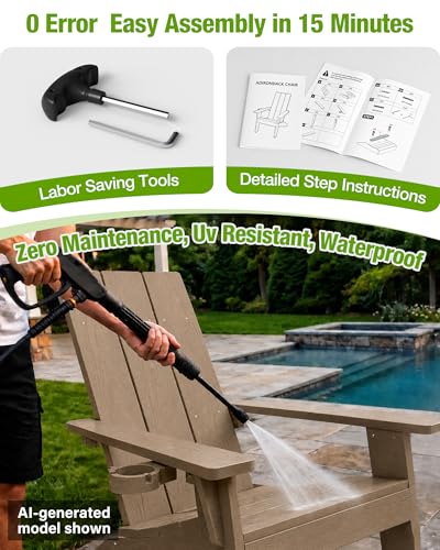 Adirondack Stuhl mit Getränkehalter für Outdoor Garten: Übergröße Adirondack Chair Kunststoff HIPS mit Getränkehalter - Adirondack Gartensessel Wetterfest für Balkon/Terrasse/Feuerstelle/Beach(Teak)