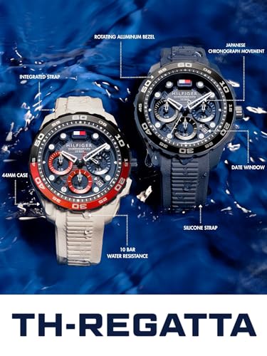 Image of Tommy Hilfiger TH-Regatta Men's Chronograph Quartz Watch - 44mm Stainless Steel Case, Rotating Bezel, Silicone Strap, Nautical- Inspired Sport Style, Gift for Him