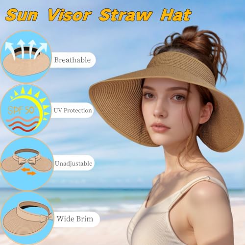 Sombrero de paja visera para mujer con ala ancha plegable miniatura 4