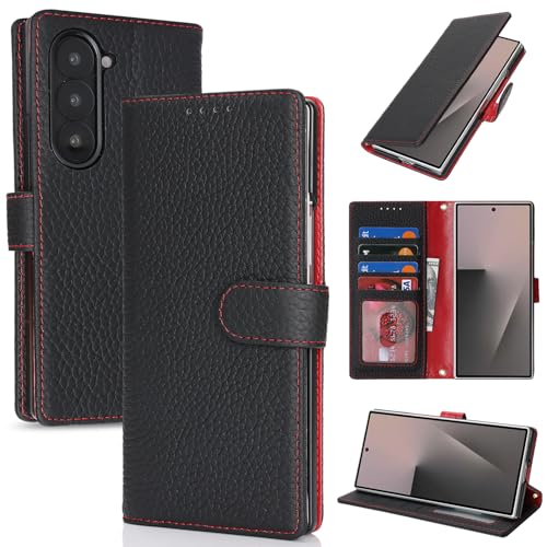 Étui Galaxy Z Fold 6 portefeuille en cuir véritable avec porte-cartes et béquille de protection