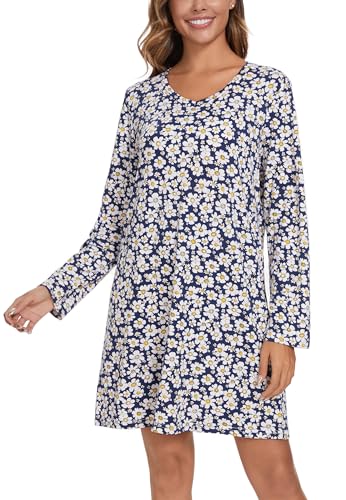 Image of Kabento 2 Pack Long Sleeve Nightgowns for Women Soft Cotton Night Gowns Sleepwear V Neck Nightshirts