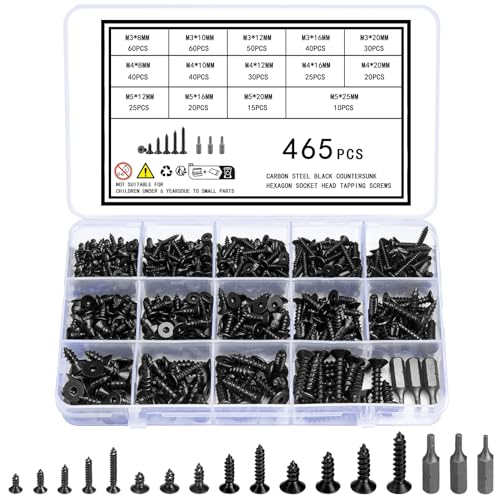 Vwoqiy 465 Piezas M3 M4 M5 Tornillos Autorroscantes, Tornillos con Cabeza Hueca Hexagonal, Tornillos para Madera, Tornillos de Cabeza Plana, Tornillos Autoperforantes de Cabeza Avellanada