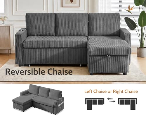 Image of WEUP 82 inch L Shaped Sectional Sleeper Sofa Bed with Pull Out Bed, Sectional Sleeper Couch Pull Out Couch with Reclining Backrest /Reversible Storage Chaise /USB Ports /Tool-Free Assembly, Corduroy Grey
