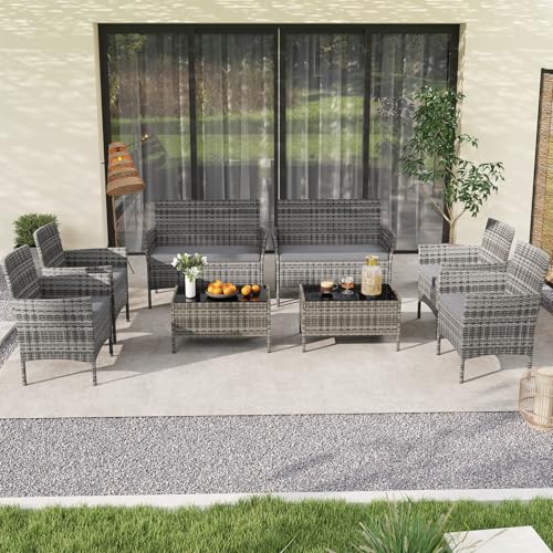 ORALNER 4 Pieces Patio Furniture Set, Outdoor Wicker Conversation Set, Rattan Chairs Loveseat with Soft Cushion and Glass Table for Balcony Porch Backyard Garden Poolside (Gray) - Image 8