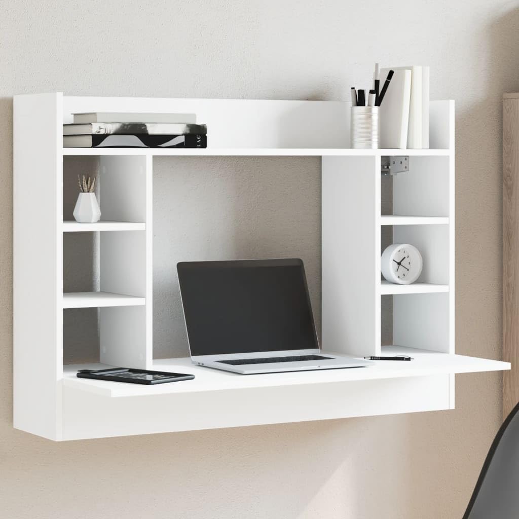 Scrivania a Parete Bianca in Legno Multistrato 105x48x75 cm con Ripiano e 6 Scomparti, Mobile Salvaspazio per Studio Ufficio Casa, Postazione Lavoro PC Gaming Smartworking