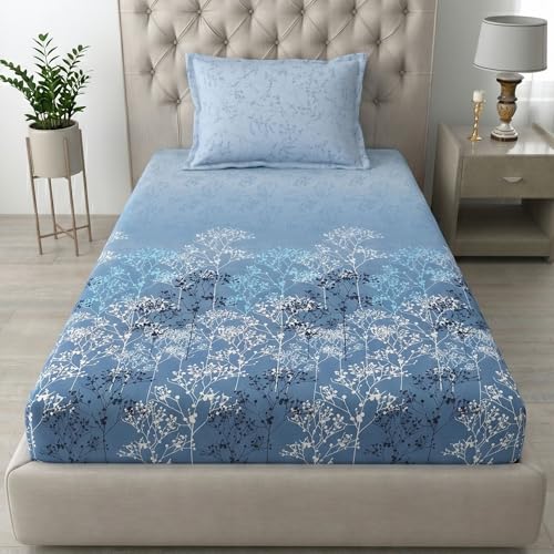 Image of Mafatlal 186 TC Autumn Delight Pure Cotton Single Bedsheet | 60 x 90 Inches | Soft Breathable Summer Bed Sheet with 1 Pillow Cover | Cooling Floral Print Flat Sheet | Blue