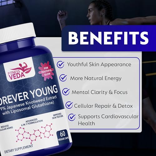 Image of Forever Young Capsules -Pure Antioxidant & Anti-Aging Supplement | Skin Radiance, Detox & Wellness Support | Liposomal Glutathione & 99% Japanese Knotweed Extract | Heart & Brain support Supplement | Pack of 1- 60 Capsules