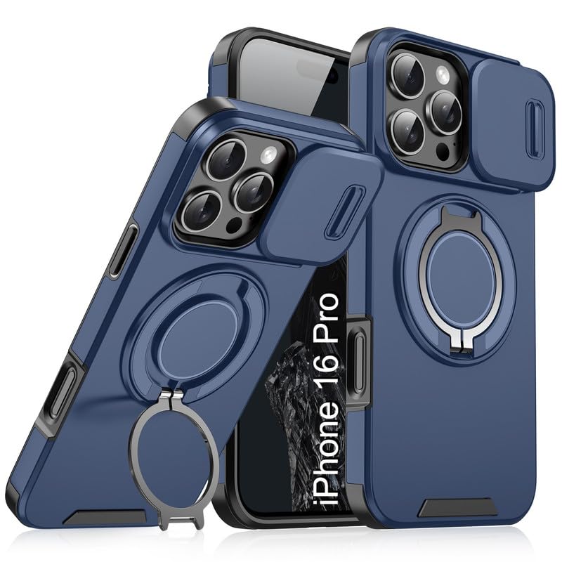 Image of LuxuryKase Shockproof Rugged Case for iPhone 16 Pro | Slide Camera Cover | 360 Rotating Ring Kickstand | Military-Grade Protection - Navy Blue