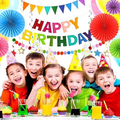 Image of CANREVEL 17 PCS Pre-Strung 3D Rainbow Happy Birthday Banner, Multi Streamer