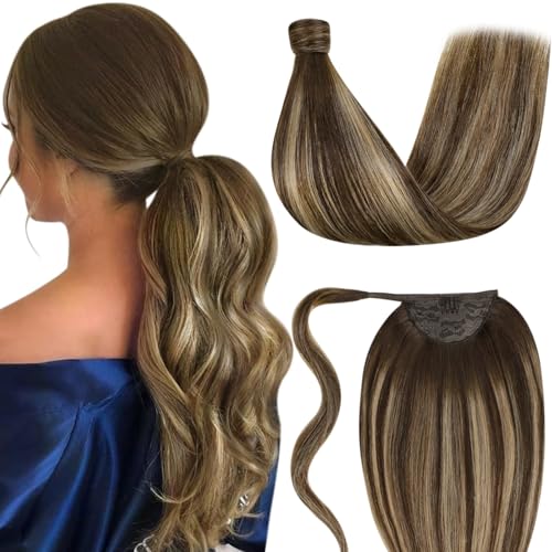 LaaVoo Cola de Caballo Extensión del Cabello Humano 16 Pulgadas/40cm Clip in Extensiones de Cabello Ponytail #4/27/4 Balayage Marrón Oscuro Ombre Caramelo Rubio 80g Wrap Around Ponytail