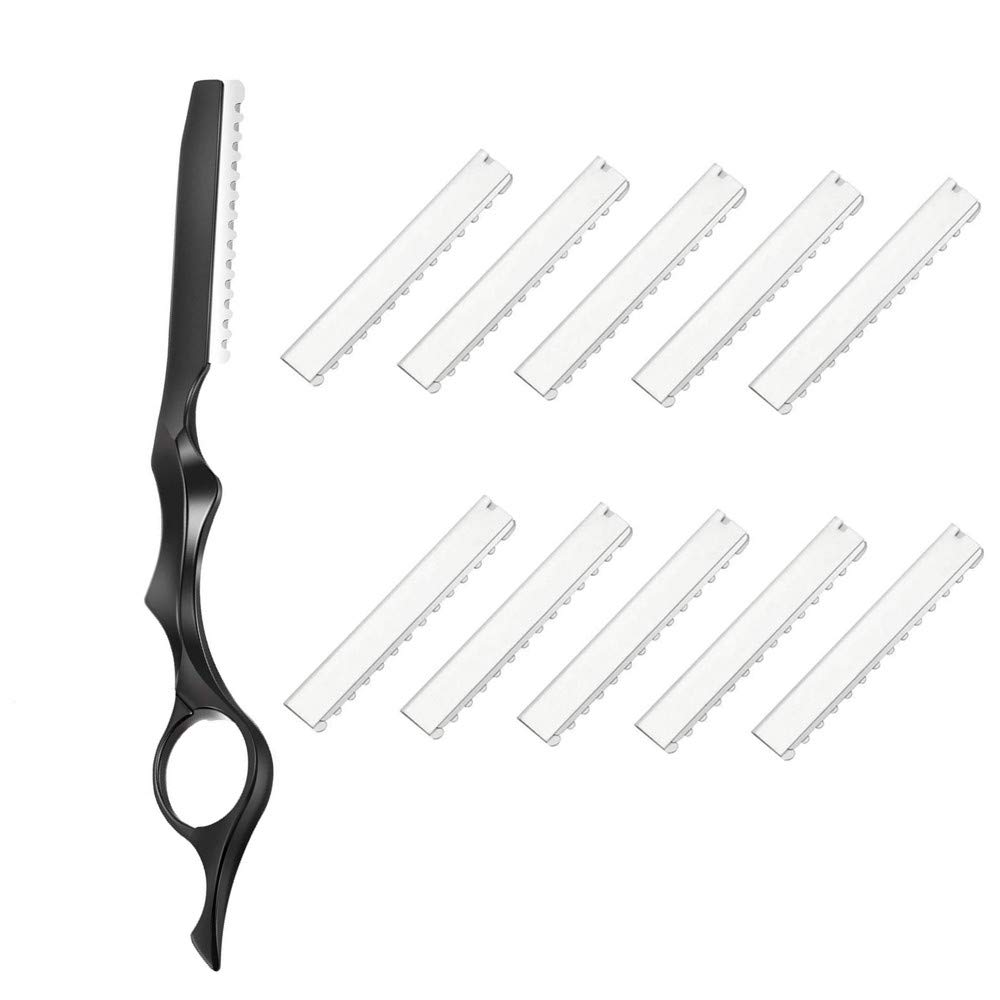 11Pcs Hair Styling Thinning Razor Set - 1 Razor, Thinning Comb, Texturizing Cutting Razor and 10 Replacement Stainless Steel Blades for Salon & Home Use (Black)