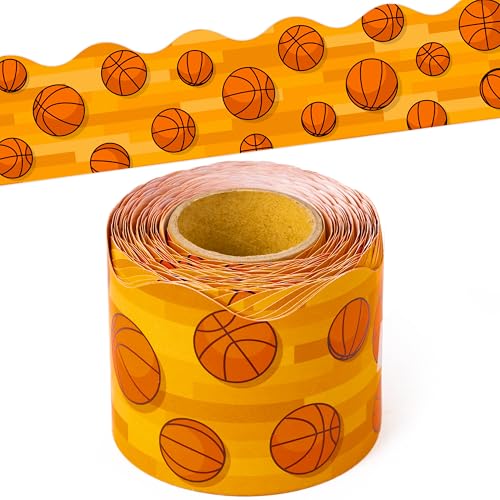 Image of BeYumi Basketball Sport Border Trim - 65ft Back to School Basketball Sport on Orange Scalloped Rolled Border Trim Ball Sports Theme Bulletin Board Set Party School Classroom Chalkboard Wall Decoration
