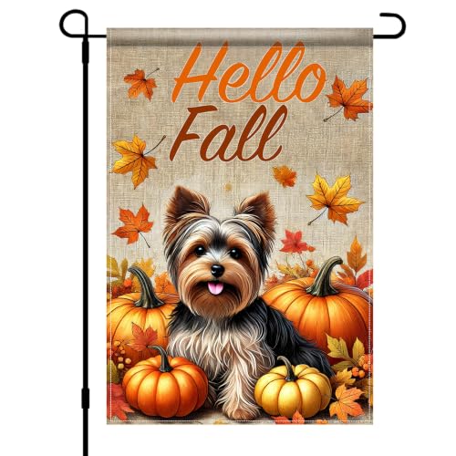 Image of BlissYard Hello Fall Yorkie Garden Flag Dog Pumpkin Decor 12x18 Inch | Double sided polyester, Yorkie pumpkin artwork, playful farmhouse charm for Thanksgiving porch and yard displays