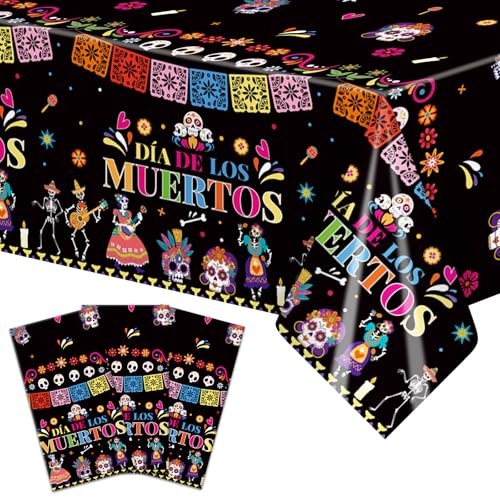 Image of Gistome 3-Piece 54 x 108 Inch Day of the Dead Plastic Tablecloth - Colorful Sugar Skull Disposable Table Cover for Dia de Los Muertos, Mexican Fiesta, and Halloween Party Decorations