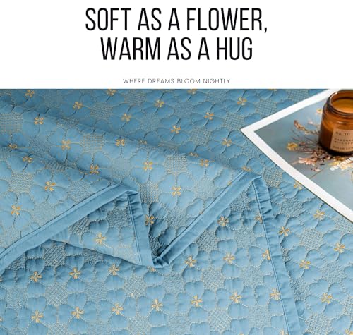 Image of SANMARINO Solid 100% Cotton Multi-Needle Quilted Ultrasonic Bedcover Set - 280 TC, Soft & Lightweight, King Size /Double (90x100 in /228X254 cm), Coverlet with 2 Pillow Cases-Sky Blue