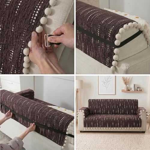 Image of Story@Home Chenille Sofa Cover 3 Seater Fully Covered with Back Covers (152x178Cm) & Arm Rest Covers| Anti Slip Sofa Mat for 1 /2 /3 Seater & L Shape Sofa Cover - Mocha & Ivory