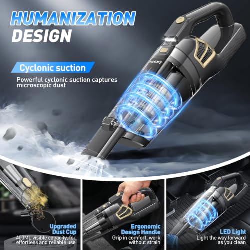 Image of CKIKH Handheld Vacuum Cordless, 15000PA Hand Held Car Vacuum Cleaner | Powerful Suction Rechargeable Vacuum, Portable, LED Light, Multi Accessories, for Home, Office, Pet Hair and Car
