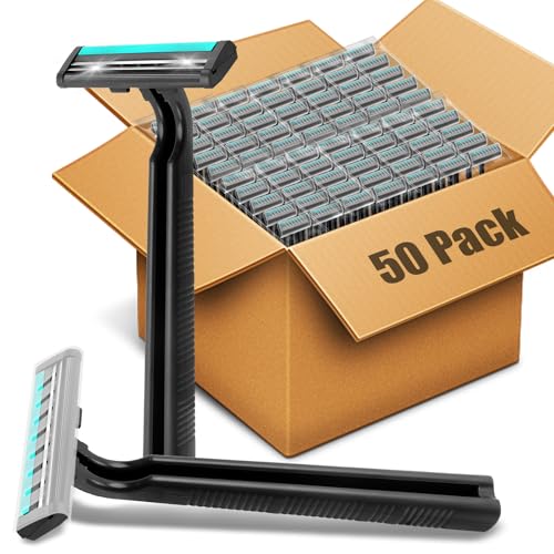 MAGDIY Disposable Razors Bulk for Men 50 Pack, Homeless Supplies Bulk, Twin Blade Mens Safety Travel Supply Shaving Razor, Face Beard Body Shavers for Hotel Camping Bathing (Black)