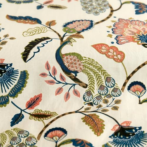 Image of Filymore Peacock Single Fitted Bedsheet with 1 Pillow Cover | anokhi Print Bedsheet in Cream, Red & Blue | 240 TC Soft Microfiber Bed Sheet for Single Bed Size 72x36 inches