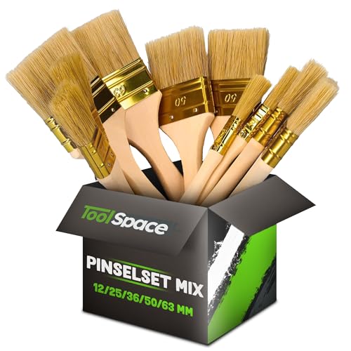 ToolSpace - Pinselset - 12/25/36/50/63 mm - Flachpinsel in verschiedenen Größen zum Streichen - Komplettset für Heim- und Profimaler Naturborstenpinsel für DIY Wand- und Möbelmalerei MalerpinselSet