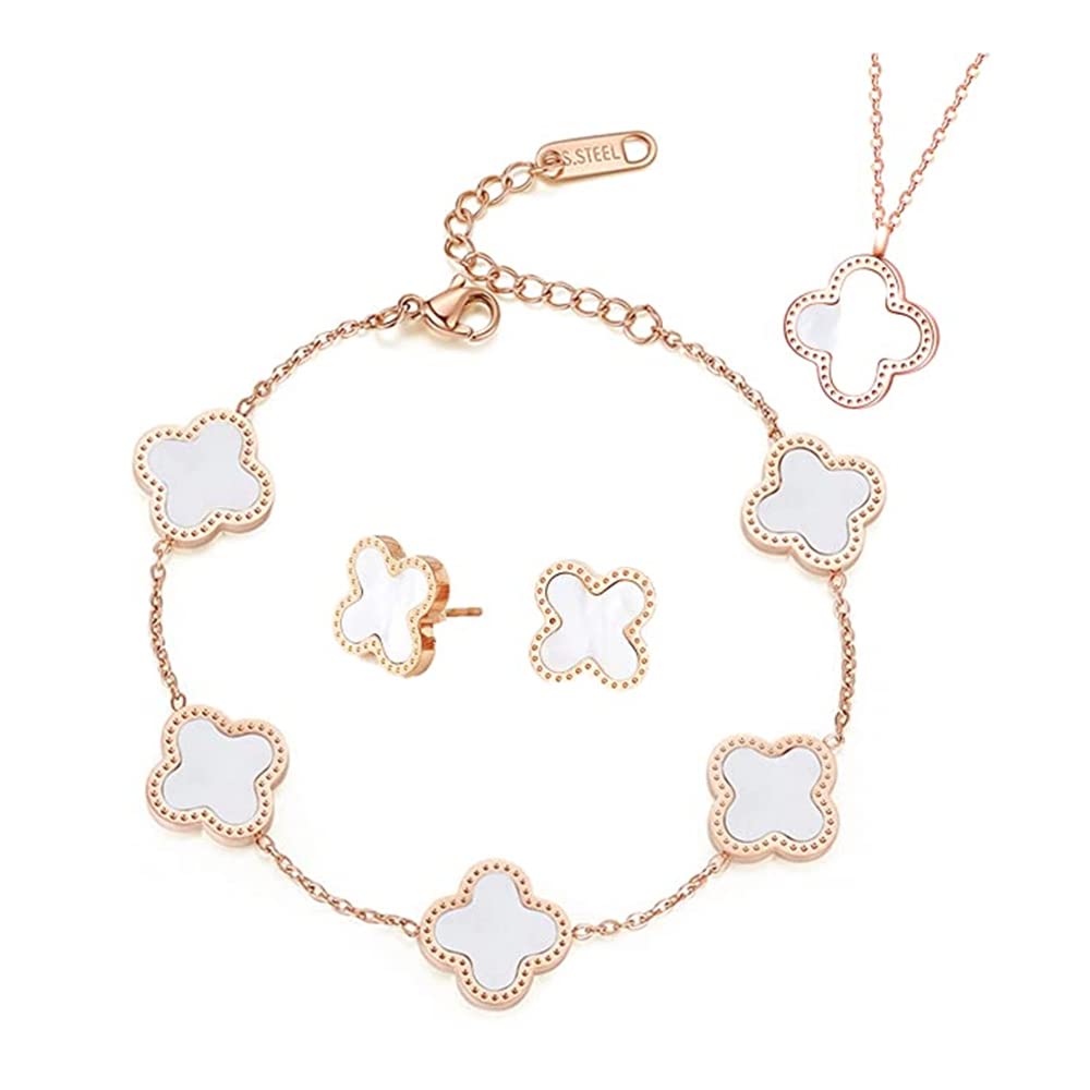 TOFBSConjuntos de Joyas Trébol de Cuatro Hojas para Mujer Niñas 18K Oro Rose Plateado Acero Inoxidable Doble Cara Blanco Negro Collar Pendientes Pulsera Juego de Joyas (Blanco)